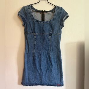 vintage Bongo Women Blue Denim Mini Dress Square Neck Short Sleeve Zip up Size9
